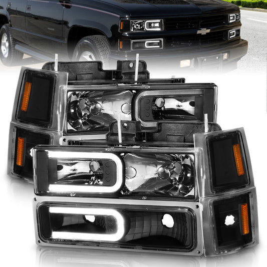 ANZO 88-98 Chevrolet C1500 Crystal Headlights w/ Light Bar Black Housing w/ Signal Side Markers 8Pcs